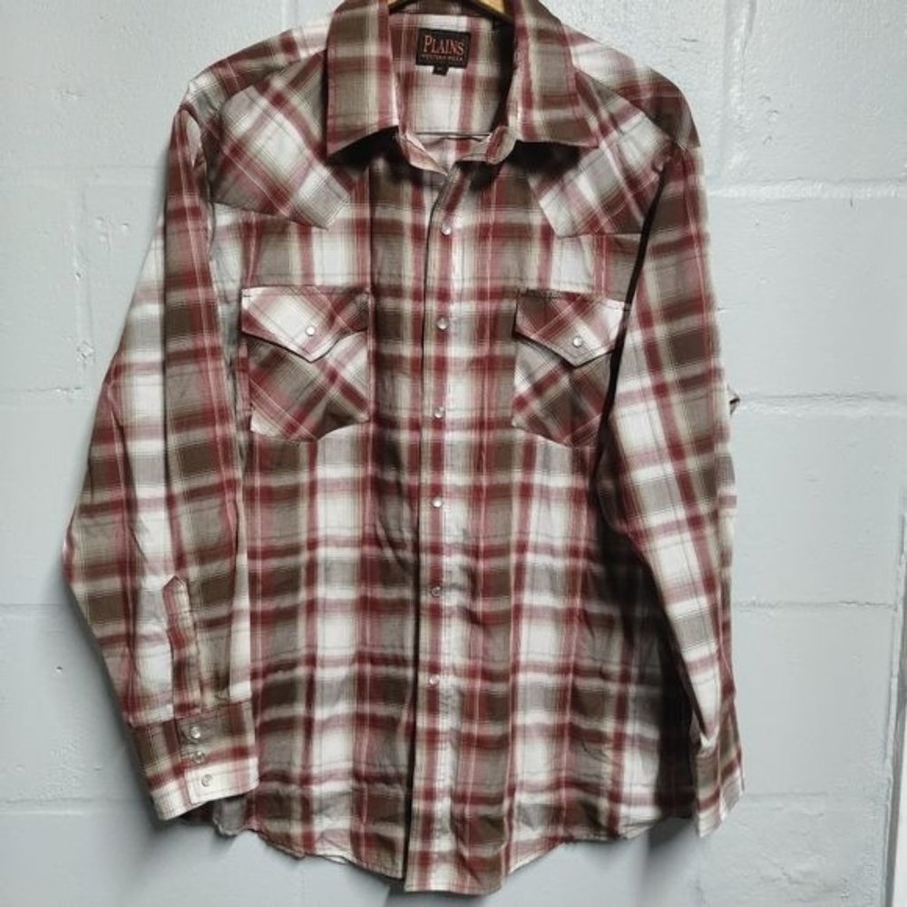 Men's Plains Westernwear plaid pearl snap shirt size XL